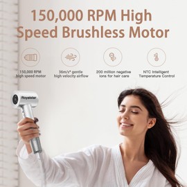 Hair Dryer - Negative Ionic Blow Dryer with 150000 RPM High Speed Brushless Motor for 1500W 3 Minutes Fast Drying, HD Display Hair Dryer 4 Temps & 2 Speeds 4 Modes, One Click Cleanup(White)