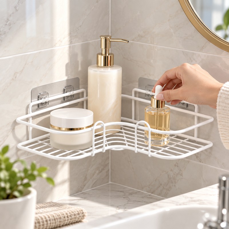 1PC Wall Mounted Non-Perforated Metal Triangle Storage Rack for Bathroom