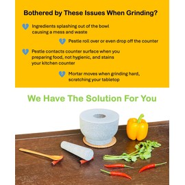 Natural Stone Mortar & Pestle Set, 6" Heavy Duty 2 Cup Granite Grinder Bowl with Silicon Lid & Grass Coaster, Molcajete & Tejolote de Piedra for Spices Salsas Guacamole Pesto Herbs Crusher