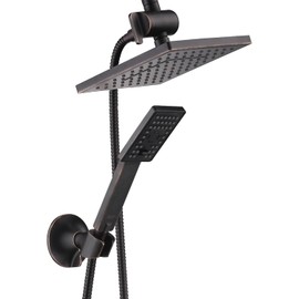 BRIGHT SHOWERS Rain Shower Head with Handheld Spray, 8 Inch Rainfall Shower Head Combo with 60" Hose, Adjustable Dual Square Showerhead Set with 3-Way Diverter, Wall Bracket, Oil-Rubbed Bronze