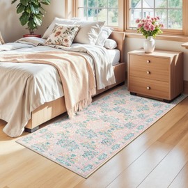 Lessymo Pink Runner Rug for Entryway, 2x6 Kitchen Rugs Non Slip Rubber Fuzzy Soft Washable Runners for Hallway, Faux Wool Small Floor Mat Bedroom Rug, Vintage Floral Design Decor, Pink Green