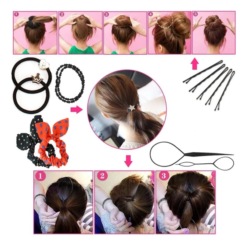 Kit Shaper Cabello Diadema Scrunchies Ligas Tiara Accesorios Negro 33pcs