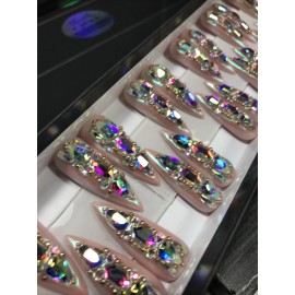 Handmade Press On Nails Handmade 24 Long Stiletto Nude Crystal Gel / Gel Polish