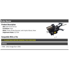 Power Brake Booster - Compatible with 1998-2002 Dodge Ram 3500 (with Hydro-Boost)