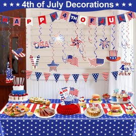 29 PCS Patriotic 4th of July Decorations Set, USA Flag Banner Tablecloth Hanging Swirls Pennant Honeycomb Table Decor Red White Blue Memorial Day Independence Day Party Favors