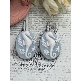 FANCY FOX BOUTIQUE Seahorse Blue Silver Wedding Gift Anniversary Earrings Cameo Birthday Sea Life