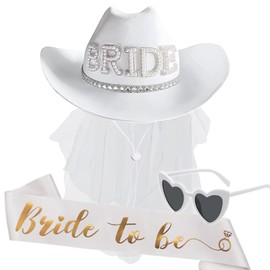 PUSABAOWO Bride Cowgirl Hat and Veil Bachelorette Party | White Cowboy Hat with Bride to Be Sash | Wedding, Bridal Shower, Engagement