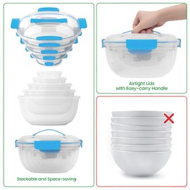 LISI Salad Bowls Set with Airtight Lids, BPA-Free, Leak-Proof Plastic Containers for Meal Prep, Baking, Picnic & Oven Safe, Includes 3-in-1 Spatula & Tongs – Nesting To-Go Containers