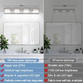 LED Modern Bathroom Vanity Light Fixtures (4-Light, 27-Inch), 360° Rotate Acrylic Brushed Nickel Vanity Lights for Bathroom, Modern Wall Lighting Fixtures Over Mirror (Natural White Light 5000K)