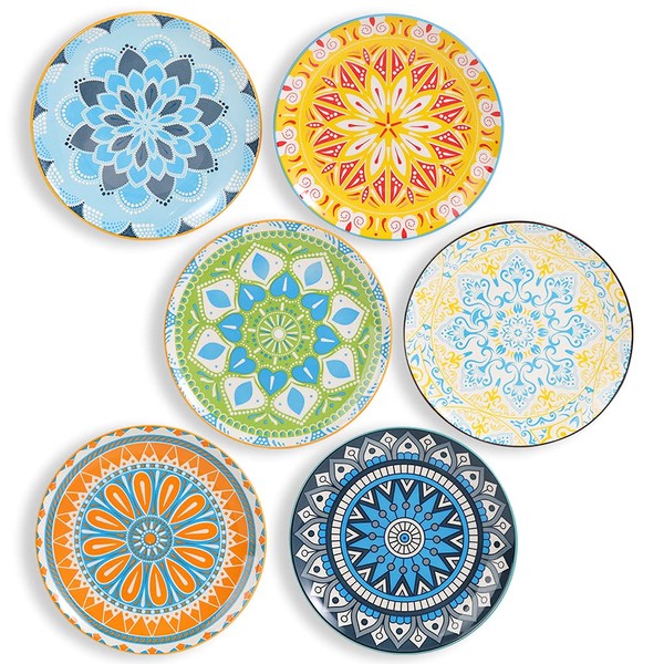 AHX Plate Set 8 Inch - Salad Plates | Dessert Appetizer Plates Colorful - Porcelain Lunch Plates - Set of 6 - Dishwasher and Microwave Safe