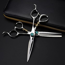 Hair Cutting Scissors, 6 Inch Professional Steel Green Gem Hair Scissors Cutting Barber Tools Tiger Haircut Thinning Shears Hairdresser Scissors Set