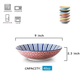 Selamica Porcelain 40oz Large Bowls 9 inch Big Pasta Salad Bowls, Microwave and Oven Safe, Colorful, Set of 6