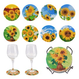 Boutigem 8pcs Sunflower Diamond Painting Coaster 5D Sunshine Floral Pattern Diamond Painting Cup Mat with Holder Resin Rhinestone Drink Coaster DIY Art Crafts Supplies for Adult Beginner