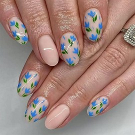 Press on Nails Almond Fake Nails Short False Nails with Blue Flower Design Glue on Nails Glossy Full Cover Stick on Nails Spring Acrylic Nails Cute Artificial Nails for Women Manicure 24Pcs