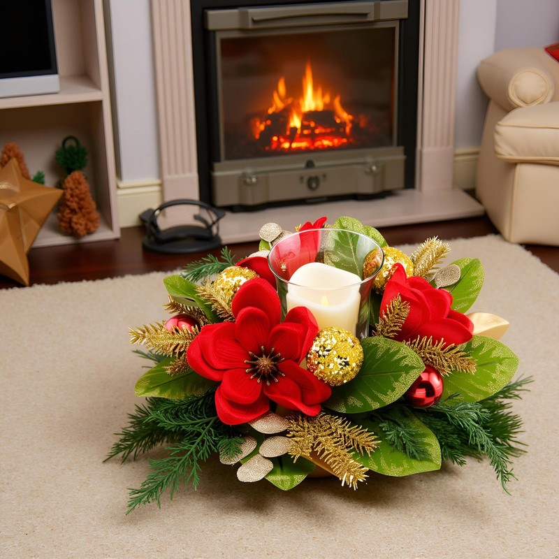 YULETIME 18-in Centerpiece with Flameless LED Candle Holder, Red Magnolia