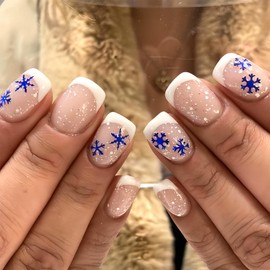 Christmas Press on Nails Short Square Fake Nails with Blue Snowflakes Designs White French Tip Glue on Nails Winter Xmas Full Cover Acrylic Nails Christmas False Nails for Women Girls 24Pcs