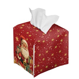 Eheartsgir Christmas Santa Claus Tissue Box Cover PU Leather Square Tissue Holder Tissue Organizer with Bottom Strap for Bathroom Kitchen Home Night Stand Tabletop Christmas Decor
