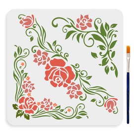 MAYJOYDIY Corner Flower Rose Stencil 11.8×11.8inch 3 Styles Vintage Rose and Vine Pattern Reusable Rose Flower Stencils for Painting with Paint Brush for Wood Canvas Wall Furniture