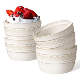 Artena Ramekins, Ramekins Oven Safe, Creme Brulee Ramekins, Embossed White Ceramic Ramiken, Souffle Pudding Custard Cups, Baking Dish, Dipping Bowls, Sauce Cups, Set Of 4 (Willow Leaf, 4 oz)
