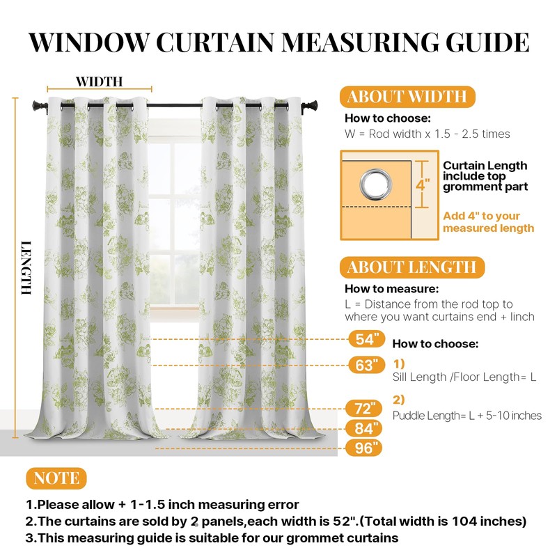 Green Vintage Floral Blackout Curtains Farmhouse Grommet 52x54 Inch