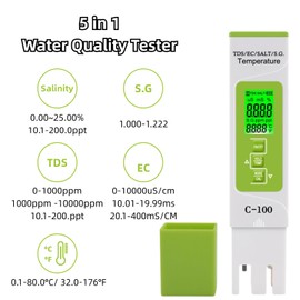 Water Tester, C-100 5 in 1 Salinity TDS EC Seawater Tester Digital Water Quality Tester with Backlight for Drinking Water, Aquarium, Swimming Pool