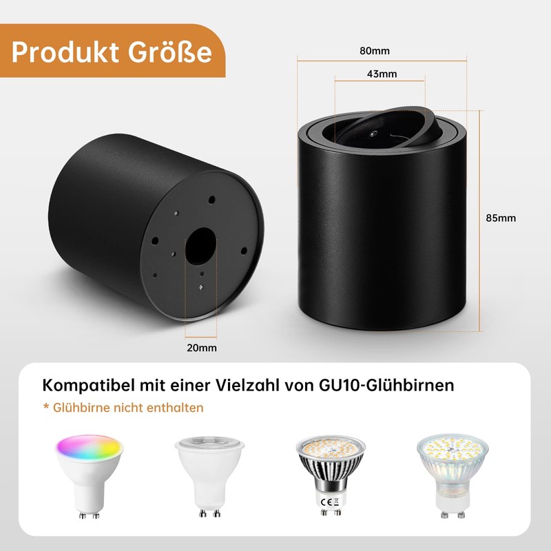 wowatt Pack of 4 Surface-Mounted Spotlights, Black, Surface-Mounted Spotlights with