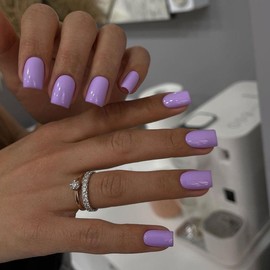 KQueenest Light Purple Press On Nails Short Square - Acrylic Press On Nails Summer, Sheer Lavendar Short Fake Nails with Glue, Glossy Opaque, Reusable Soft Gel Glue on Nails for Women Gift, 24 Pcs