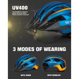 VICTGOAL Bike Helmet for Men Women with Led Light Detachable Magnetic Goggles Removable Sun Visor Mountain & Road Bicycle Helmets Adjustable Size Adult Cycling Helmets (XL: 59-63 cm, Blue)