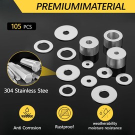 105 Pcs Flat Washers Assortment Kit Stainless Steel Flat Fender Metal Washers 12 Sizes M3 M4 M5 M6 M8 M10 M12 for Screws Bolts Various Home Factories Outdoor Projects