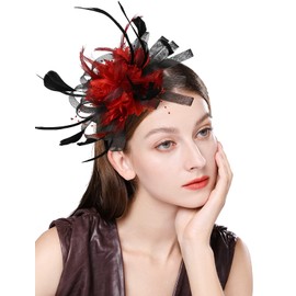 ELLYDOOR Mesh Fascinators for Women Sinamay Derby Headband Wedding Tea Party Hat Feather Flower Hair Clip Black Red