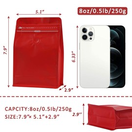 REMTAP Coffee Bags with Valve (50pcs,8oz) Red High Barrier Aluminumed Foil Flat Bottom Standing Coffee Beans Storage Bags,Reusable Heat Sealable Side Zipper Pouches for Home or Store