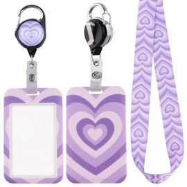 Juanooo Purple Neck Lanyard for Keys Cute ID Card Holder with Lanyard & Retractable Badge Reel Clip Key Lanyard for Women Girls Nurse for ID Badges Aesthetic Preppy School Love Heart Reel Lanyard