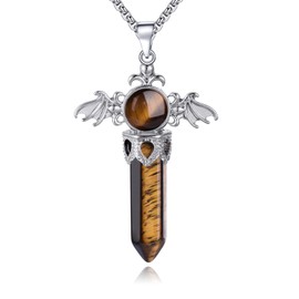 JBAERD Healing Crystal Necklace, Opal Crystals Pendant Necklace, Tiger Eye Gemstone Pendant Necklace, Amethyst, White Quartz Pendant Angel Wings Crystal Jewelry for Women Men Bullet Pendant, Stainless Steel, Quartz