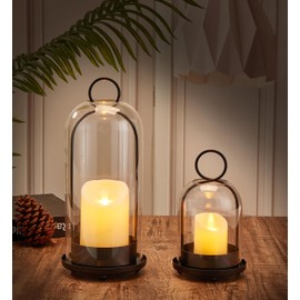 BUZFOWU Candle Holder Lanterns, Handcrafted Metal & Glass with Modern Aesthetic Design, Hurricane Pillar Candlestick Holders, Table or Hanging Decorations Set of 2, 5.1" & 4.4" Diameter, Black