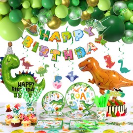 Dinosaur Birthday Decorations, Dinosaur Party Supplies for Boys, 20 Serves Include Plates Napkins Sets Tablecloth Straws Toppers Happy Birthday Banner Balloons (256Pcs) (Set of 20)