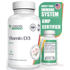 logos nutritionals Vitamin D3 Supplement - Vitamin D-5000 IU - Support Healthy Bones, Teeth, Muscles, Cardiovascular, and Immune Function - Dairy-Free, Soy-Free - 90 Capsules