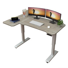 bilbil 59 Inches L-Shaped Height Adjustable Electric Standing Desk, Sit to Stand Desk Home Office Computer Desk with Lockable Casters, Oak Top, White Frame