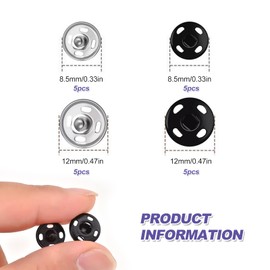 Press Studs Snap Fasteners, 20 Sets Sew on Snap Buttons Fastener Metal Snaps Button Kit for Clothing Sewing Craft Handbag 12mm 8.5mm