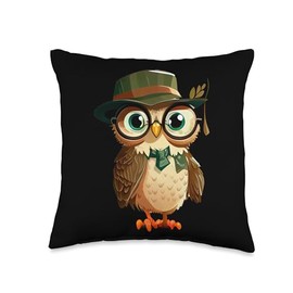 Wise Owl Green Hat Glasses Cute Tie Throw Pillow