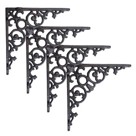 NACH Victorian Scroll Black Shelf Brackets 8 inch, Decorative Shelf Brackets for Wood Shelves - Antique Metal Shelf Brackets, Large Wall Shelf Brackets, Set of 4 Floating Shelf Brackets, JS-90-417