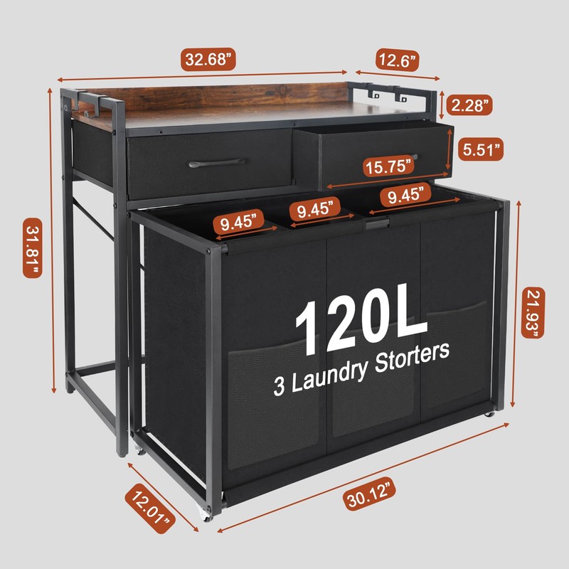 Rolling Laundry Sorter with wheels, Laundry Hamper 3 Section with