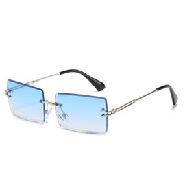 OSAGAMA Fashion Sunglasses Small Rectangular Rimless Glasses for Men and Women, Silver/Blue with Gradient