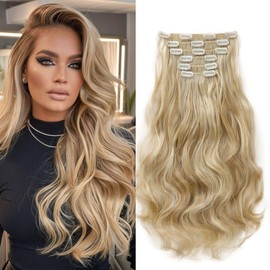 Cybelleza 48 cm Clip-In Extensions, Hairpiece Like Real Hair, 6 Pieces, Hair Extensions, Clip-In Hairpiece, Wavy Hair Thickening, Synthetic Hair, Natural Blonde & Bleach Blonde