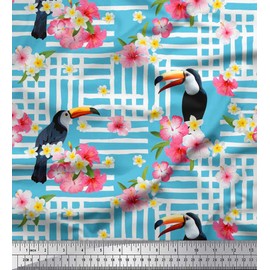Soimoi Blue Cotton Canvas Fabric Floral & Toucan Bird Decor Fabric Printed BTY 56 Inch Wide