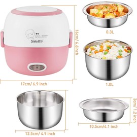 Mini Rice Cooker Heater Portable - 110V 200W Removable Stainless Steel Lunch Cooker - with Bowl, Plate, Measuring Cup (Pink)