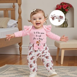 Amnnchya Newborn Clothes For Girls Baby Western Romper Tops Bow Pants Infant Girl Fall Winter Outfits Cute Headband Set (Pink, 3-6 Months)
