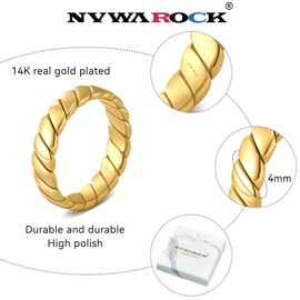 NVWAROCK 4mm Twisted Stacking Bands Ring for Women 14K Gold Plated Statement Ring Non Tarnish Flat Cute Thumb Pinky Ring Size 5 （Gold and Silver ）, Metal, No Gemstone