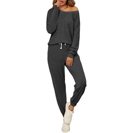 FIOPHY Cozy 2 Piece Lounge Sets for Women Sweatsuit Pajamas Outfits Long Sleeve Tops and Joggers Loungewear Set Deep Grey S