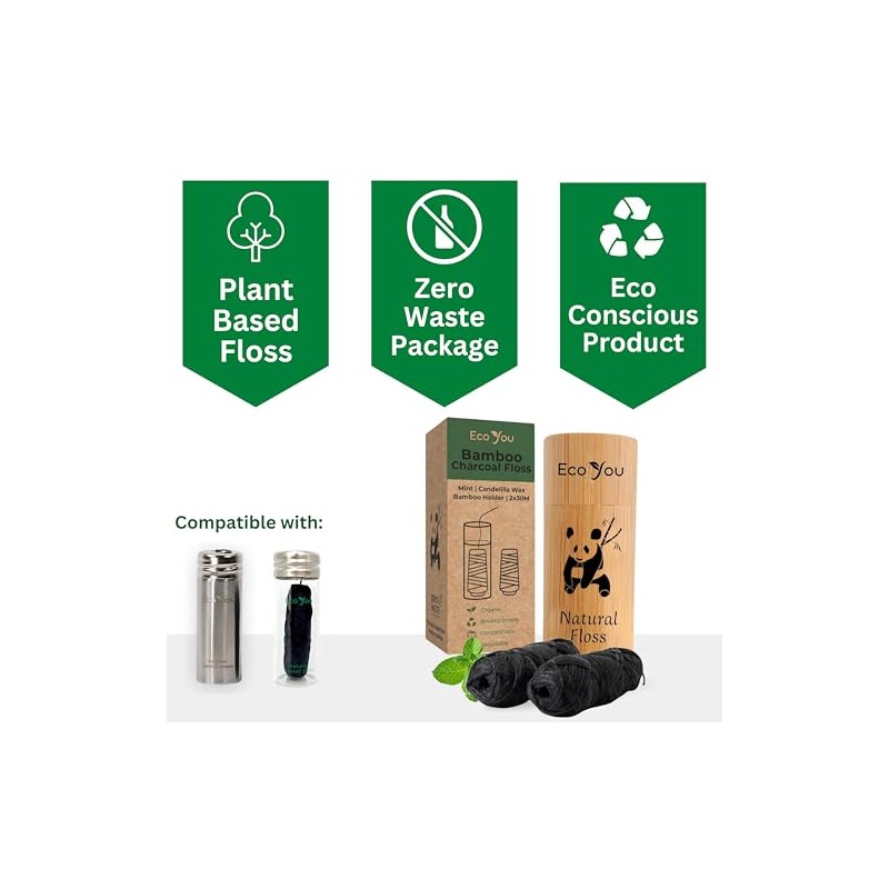 EcoYou Hilo dental de bambú con carbón 2 recambios de