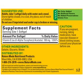 Vitamin E 180 mg (400 IU) dl-Alpha Softgels, 180 Count for Antioxidant Support